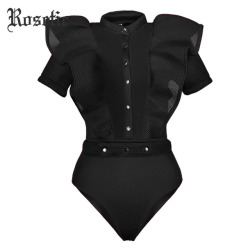 Rosetic Black Jumpsuits For Women Gothic Combinaison Femme Sexy Body Women One Piece Mesh Bodysuit Womens Clothing Romper