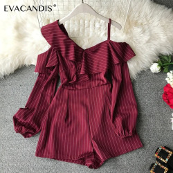 Ruffle Short Women Jumpsuit Striped White Long Sleeve Off Shoulder Black Boho Red Pink Summer Sexy Beach Rompers Women Jumpsuit