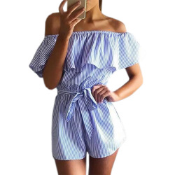 Ruffles Slash Neck Beach Playsuits Summer Women Striped Jumpsuits Girls Sexy Casual Playsuit Overalls with Belts Femininos GV571