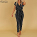 S 5XL ZANZEA 2019 Summer Sexy Deep V Neck Party Jumpsuit Women High Waist Striped Overalls Short Sleeve Long Turnip Bodysuit