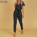 S 5XL ZANZEA 2019 Summer Sexy Deep V Neck Party Jumpsuit Women High Waist Striped Overalls Short Sleeve Long Turnip Bodysuit