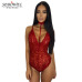 SEBOWEL 2019 Elegant Floral Red Lace Bodysuit Women Backless Deep V Neck Sexy Bodysuit Bodycon Halter Sleeveless Jumpsuit Romper