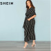 SHEIN Black And White Striped Raglan Sleeve Plus Size Belted Women Wide Leg Jumpsuits Office Lady O Neck Casual Loose Jumpsuit