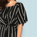 SHEIN Black And White Striped Raglan Sleeve Plus Size Belted Women Wide Leg Jumpsuits Office Lady O Neck Casual Loose Jumpsuit