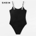 SHEIN Black Button Front Ribbed Knit Skinny Cami Mid Waist Sleeveless Letter Print Straps Bodysuit Women Summer Casual Bodysuits