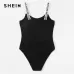 SHEIN Black Button Front Ribbed Knit Skinny Cami Mid Waist Sleeveless Letter Print Straps Bodysuit Women Summer Casual Bodysuits