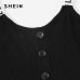 SHEIN Black Button Front Ribbed Knit Skinny Cami Mid Waist Sleeveless Letter Print Straps Bodysuit Women Summer Casual Bodysuits