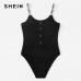 SHEIN Black Button Front Ribbed Knit Skinny Cami Mid Waist Sleeveless Letter Print Straps Bodysuit Women Summer Casual Bodysuits