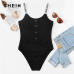 SHEIN Black Button Front Ribbed Knit Skinny Cami Mid Waist Sleeveless Letter Print Straps Bodysuit Women Summer Casual Bodysuits