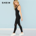 SHEIN Black Casual Cool Sexy Backless Solid Skinny Shell O-Neck Sleeveless Jumpsuit Summer Women Jumpsuits