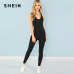 SHEIN Black Casual Cool Sexy Backless Solid Skinny Shell O-Neck Sleeveless Jumpsuit Summer Women Jumpsuits