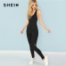 SHEIN Black Casual Cool Sexy Backless Solid Skinny Shell O-Neck Sleeveless Jumpsuit Summer Women Jumpsuits