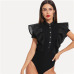 SHEIN Black Elegant Button Up Mesh Ruffle Trim Fitted Stand Collar Short Sleeve Skinny Bodysuit Summer Women Party Bodysuit