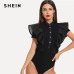 SHEIN Black Elegant Button Up Mesh Ruffle Trim Fitted Stand Collar Short Sleeve Skinny Bodysuit Summer Women Party Bodysuit