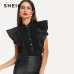 SHEIN Black Elegant Button Up Mesh Ruffle Trim Fitted Stand Collar Short Sleeve Skinny Bodysuit Summer Women Party Bodysuit