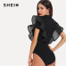 SHEIN Black Elegant Button Up Mesh Ruffle Trim Fitted Stand Collar Short Sleeve Skinny Bodysuit Summer Women Party Bodysuit