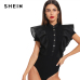 SHEIN Black Elegant Button Up Mesh Ruffle Trim Fitted Stand Collar Short Sleeve Skinny Bodysuit Summer Women Party Bodysuit