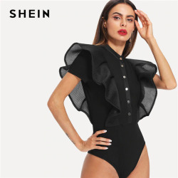 SHEIN Black Elegant Button Up Mesh Ruffle Trim Fitted Stand Collar Short Sleeve Skinny Bodysuit Summer Women Party Bodysuit