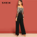 SHEIN Black Elegant Embroidery Sheer Mesh Off Shoulder Workwear Long Sleeve Straight Leg Jumpsuit Autumn Fashion Women Jumpsuits