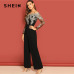 SHEIN Black Elegant Embroidery Sheer Mesh Off Shoulder Workwear Long Sleeve Straight Leg Jumpsuit Autumn Fashion Women Jumpsuits