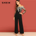 SHEIN Black Elegant Embroidery Sheer Mesh Off Shoulder Workwear Long Sleeve Straight Leg Jumpsuit Autumn Fashion Women Jumpsuits