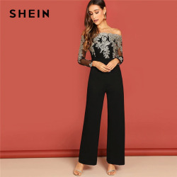 SHEIN Black Elegant Embroidery Sheer Mesh Off Shoulder Workwear Long Sleeve Straight Leg Jumpsuit Autumn Fashion Women Jumpsuits