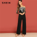 SHEIN Black Elegant Embroidery Sheer Mesh Off Shoulder Workwear Long Sleeve Straight Leg Jumpsuit Autumn Fashion Women Jumpsuits