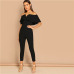 SHEIN Black Elegant Office Lady Solid Off Shoulder Short Sleeve Ruffle Skinny Jumpsuit Autumn Workwear Going Out Women Jumpsuits