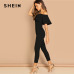 SHEIN Black Elegant Office Lady Solid Off Shoulder Short Sleeve Ruffle Skinny Jumpsuit Autumn Workwear Going Out Women Jumpsuits