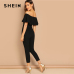 SHEIN Black Elegant Office Lady Solid Off Shoulder Short Sleeve Ruffle Skinny Jumpsuit Autumn Workwear Going Out Women Jumpsuits