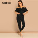 SHEIN Black Elegant Office Lady Solid Off Shoulder Short Sleeve Ruffle Skinny Jumpsuit Autumn Workwear Going Out Women Jumpsuits