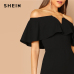 SHEIN Black Elegant Office Lady Solid Off Shoulder Short Sleeve Ruffle Skinny Jumpsuit Autumn Workwear Going Out Women Jumpsuits