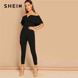 SHEIN Black Elegant Office Lady Solid Off Shoulder Short Sleeve Ruffle Skinny Jumpsuit Autumn Workwear Going Out Women Jumpsuits