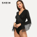 SHEIN Black Elegant Weekend Casual Fringe Embellished Form Fitting Solid Skinny Bodysuit 2018 Summer Fashion Women Bodysuits