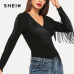 SHEIN Black Elegant Weekend Casual Fringe Embellished Form Fitting Solid Skinny Bodysuit 2018 Summer Fashion Women Bodysuits