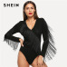 SHEIN Black Elegant Weekend Casual Fringe Embellished Form Fitting Solid Skinny Bodysuit 2018 Summer Fashion Women Bodysuits