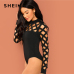 SHEIN Black Going Out Skinny Knot Mid Waist Mock Neck Stand Collar Geo Cut Out Bodysuit 2018 Summer Fashion Women Bodysuits