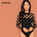 SHEIN Black Going Out Skinny Knot Mid Waist Mock Neck Stand Collar Geo Cut Out Bodysuit 2018 Summer Fashion Women Bodysuits