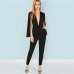 SHEIN Black Highstreet Office Lady Plunging Neck Cloak Sleeve Modern Sexy Maxi Tapered Jumpsuit Autumn Women Workwear Jumpsuits