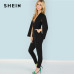 SHEIN Black Highstreet Office Lady Plunging Neck Cloak Sleeve Modern Sexy Maxi Tapered Jumpsuit Autumn Women Workwear Jumpsuits