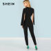 SHEIN Black Highstreet Office Lady Plunging Neck Cloak Sleeve Modern Sexy Maxi Tapered Jumpsuit Autumn Women Workwear Jumpsuits