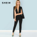 SHEIN Black Highstreet Office Lady Plunging Neck Cloak Sleeve Modern Sexy Maxi Tapered Jumpsuit Autumn Women Workwear Jumpsuits