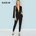 SHEIN Black Highstreet Office Lady Plunging Neck Cloak Sleeve Modern Sexy Maxi Tapered Jumpsuit Autumn Women Workwear Jumpsuits