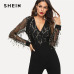 SHEIN Black Highstreet Sequin Embellished Mesh Sleeve Fitted Long Sleeve Skinny Jumpsuit Autumn Fashion Party Women Jumpsuits