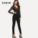 SHEIN Black Highstreet Sequin Embellished Mesh Sleeve Fitted Long Sleeve Skinny Jumpsuit Autumn Fashion Party Women Jumpsuits