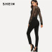 SHEIN Black Highstreet Sequin Embellished Mesh Sleeve Fitted Long Sleeve Skinny Jumpsuit Autumn Fashion Party Women Jumpsuits