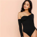 SHEIN Black Highstreet Sexy One Shoulder Solid Asymmetrical Neck Mid Waist Skinny Solid Bodysuit Summer Women Casual Bodysuits