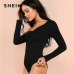 SHEIN Black Highstreet Sexy One Shoulder Solid Asymmetrical Neck Mid Waist Skinny Solid Bodysuit Summer Women Casual Bodysuits