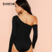 SHEIN Black Highstreet Sexy One Shoulder Solid Asymmetrical Neck Mid Waist Skinny Solid Bodysuit Summer Women Casual Bodysuits