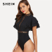 SHEIN Black Lace Insert Layered Ruffle Bodysuit Elegant Cut Out Stand Collar Skinny Bodysuit Women Zipper Plain Summer Bodysuits